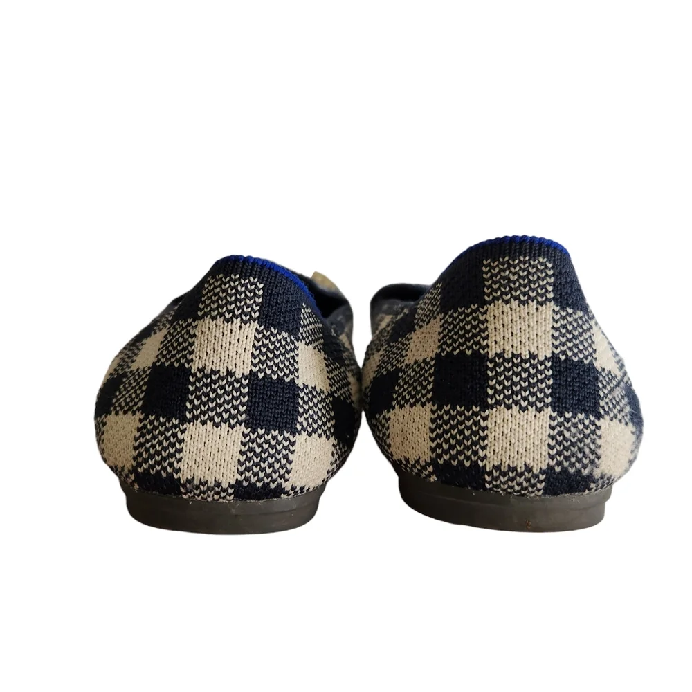 Rothy's Navy and Cream Gingham Kids Slip-On Flats with Gold Heart